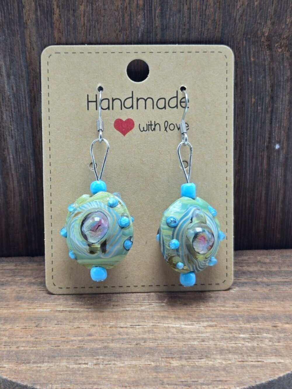 NWT Glass Bead Earrings Pierced Silver Tone Green Blue Dangle Drop Light Weight
